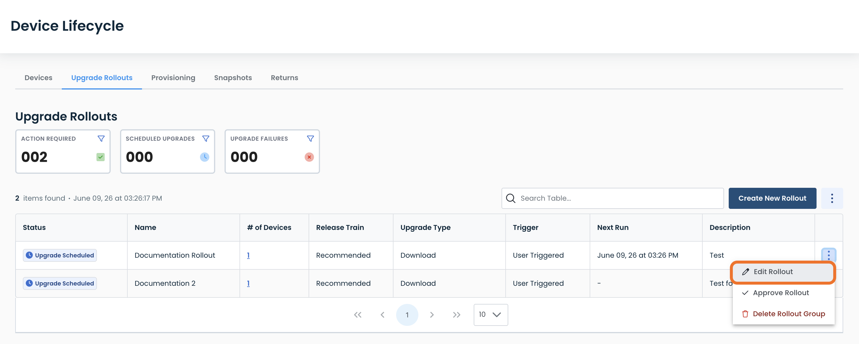 Overview of device upgrade rollouts with action required and scheduled upgrades displayed.